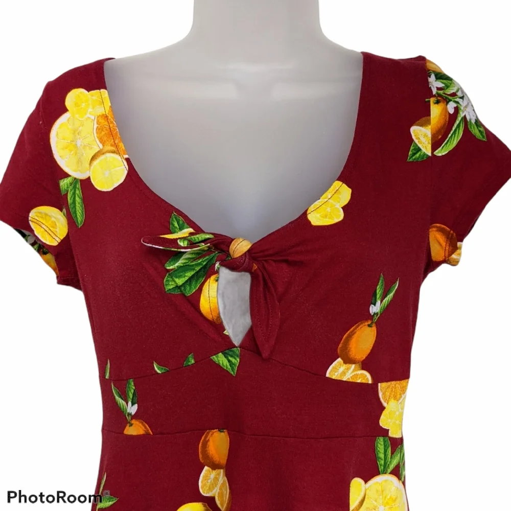 Forever 21 Dress Red Citrus Lemons Oranges Print Skater Dress Keyhole Medium